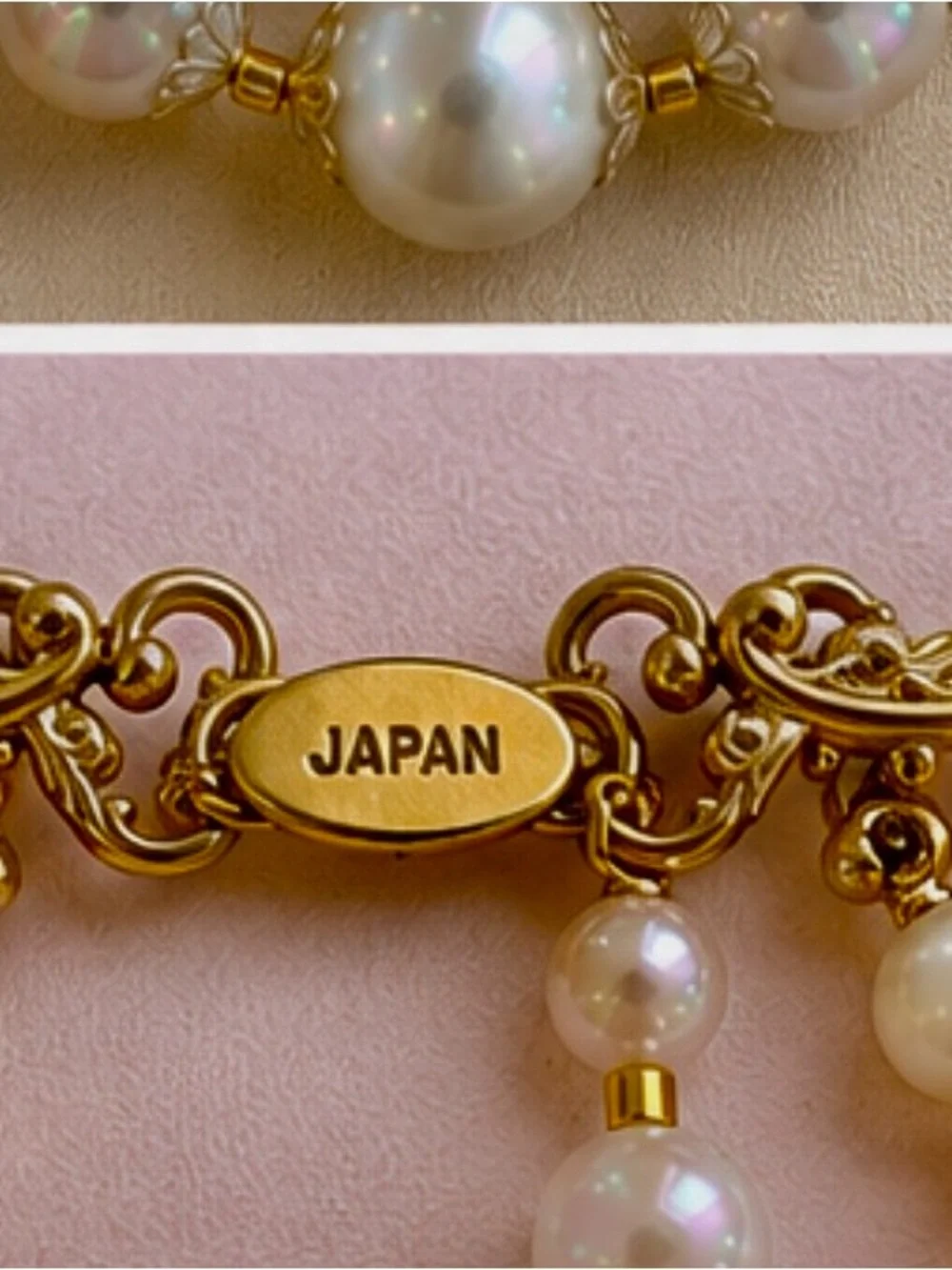 Vintage Japan 3 Strand Faux & Satin Glass Necklace Set w/ Matching Clip Earrings - Picture 2 of 8